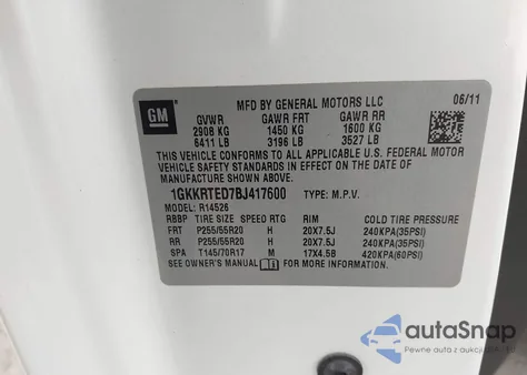 2011 GMC Acadia Denali z USA, uszkodzony, nr VIN 1GKKRTED7BJ417600